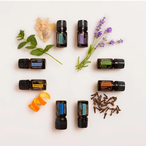 Frascos de aceites esenciales rodeados de hierbas, lavanda, clavo y cáscara de naranja